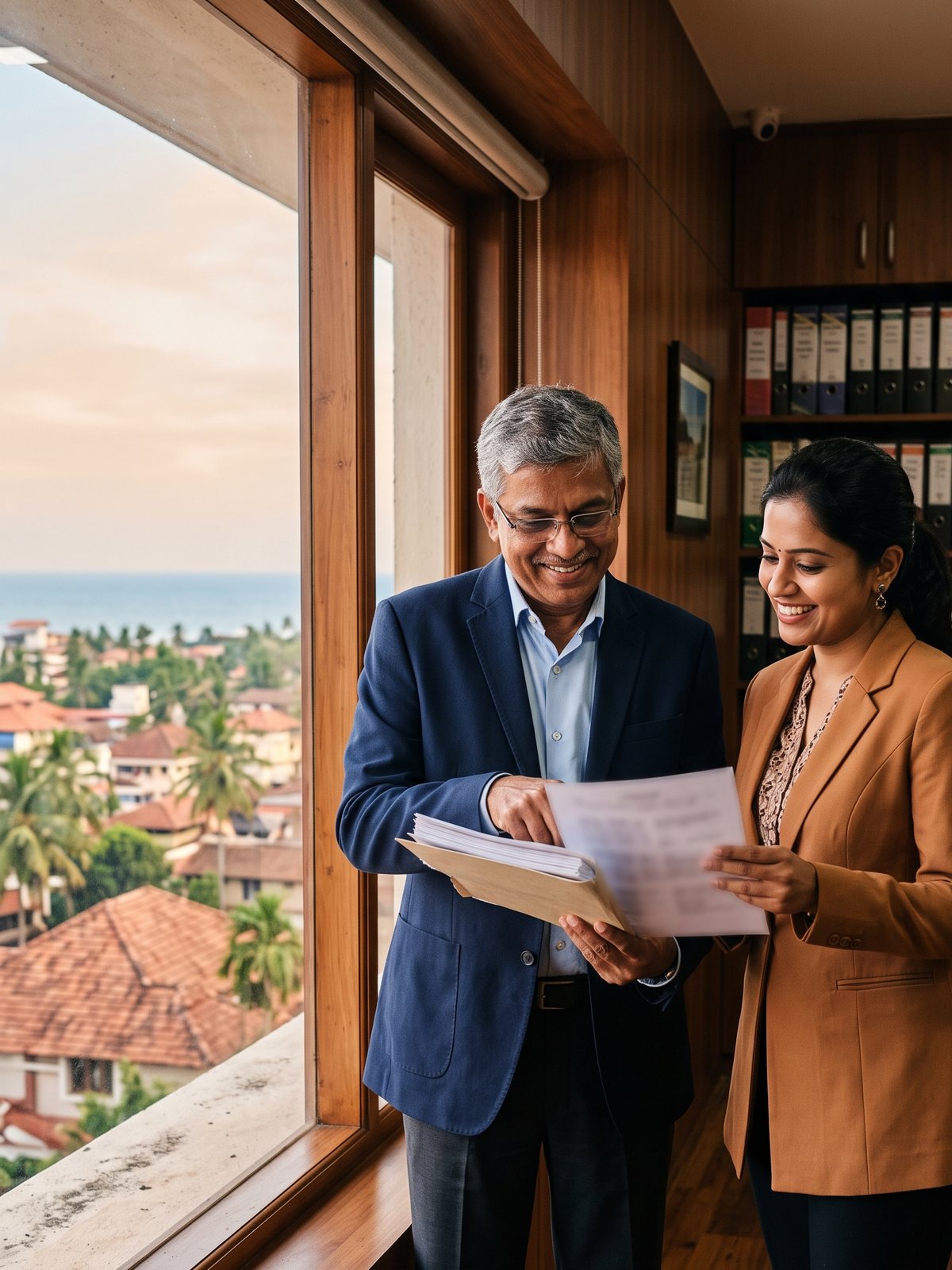 Varish Partners partners reviewing a client file by the office window in Mangaluru