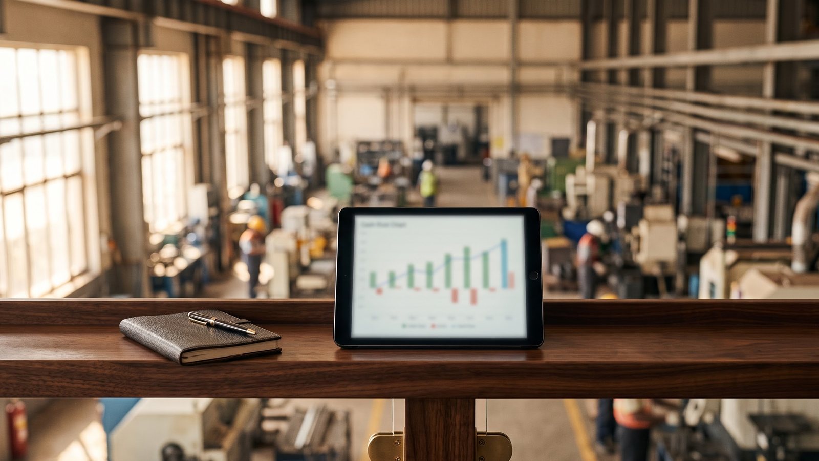 A CFO reviewing a tablet on a factory floor
