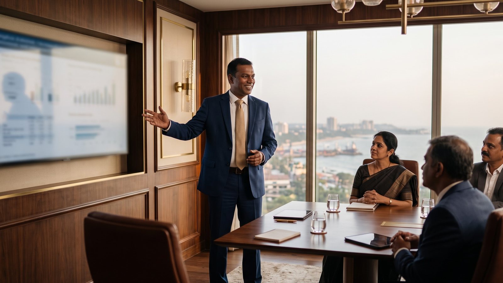 An advisor presenting to a boardroom